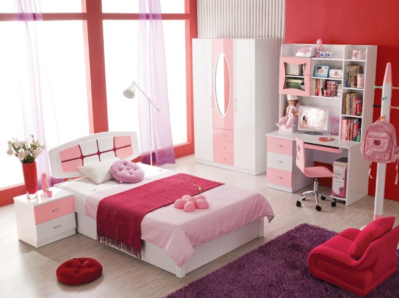 の子供の部屋のセット家具-3ドアワードローブ-ベッド-ナイトスタンド-ライティングデスク-ピンク-白666-